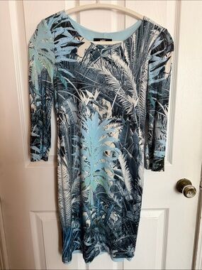 ABS Allen Schwartz Blue & White Tropical Midi Sheath Dress